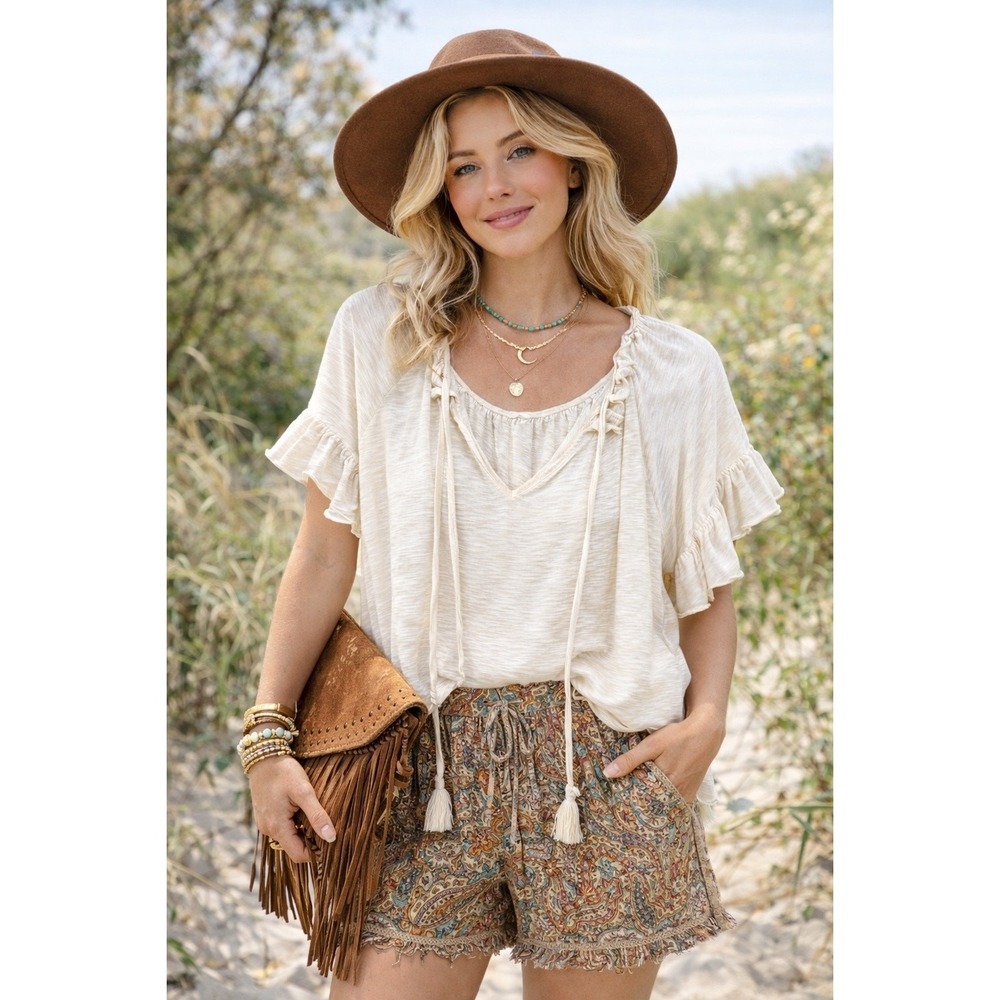 Goldie Lewinter Women's Extra Small Ivory Pima Cotton Boho Ruffle Sleeve Top
